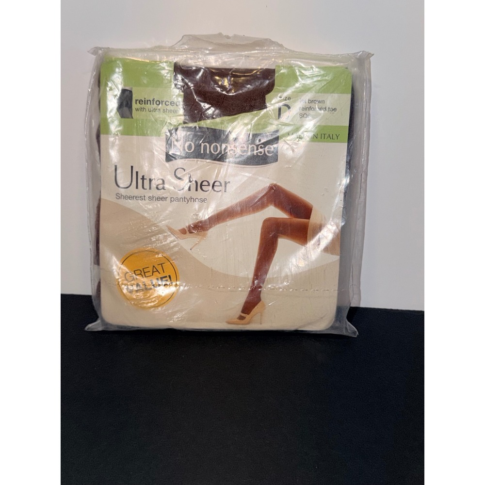 No Nonsense Ultra Sheer Pantyhose Jet Brown Size D Reinforced Toe Made in Italy